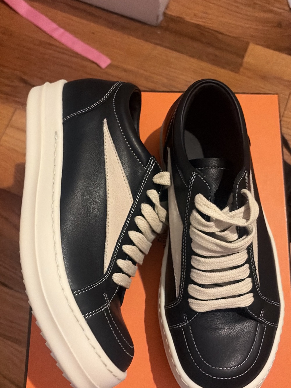 Rick Owens Black Leather Sneakers with Cream Panels and Laces